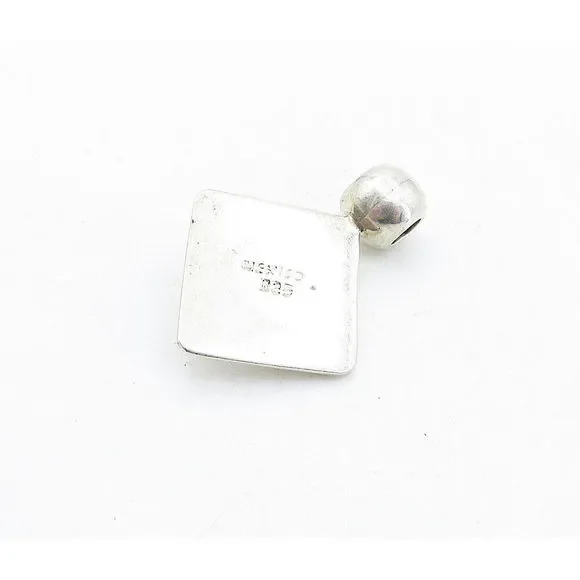 MEXICO 925 Sterling Silver - Vintage Malachite Shiny Square Pendant - PT4473 - Picture 4 of 5